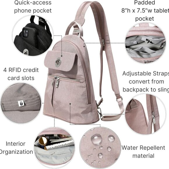 Baggallini Blush Shimmer Naples Convertible Backpack/NWT - Picture 6 of 14